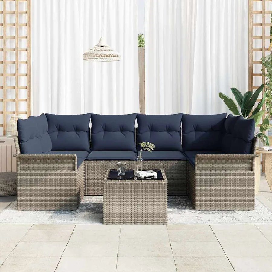 Ensemble de canapé de jardin 7 pcs Gris et marine polyrotin - 3