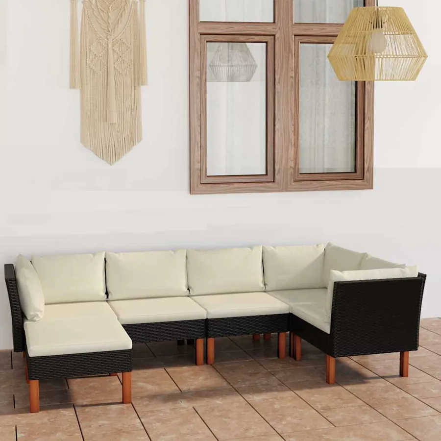 Salon de jardin 6 pcs avec coussins Résine tressée Noir