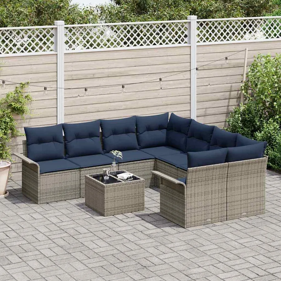 Ensemble de canapé de jardin 9 pcs Gris et marine polyrotin - 3