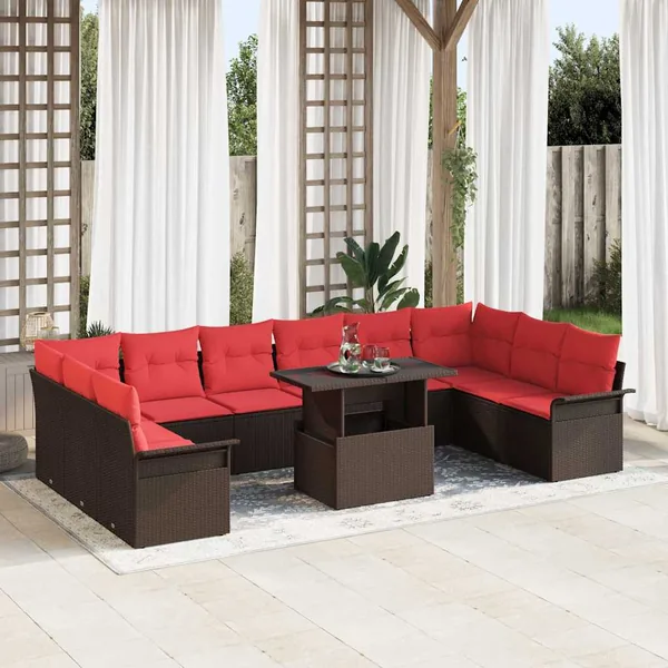 Ensemble de canapé de jardin 11 pcs Marron Poly Rattan