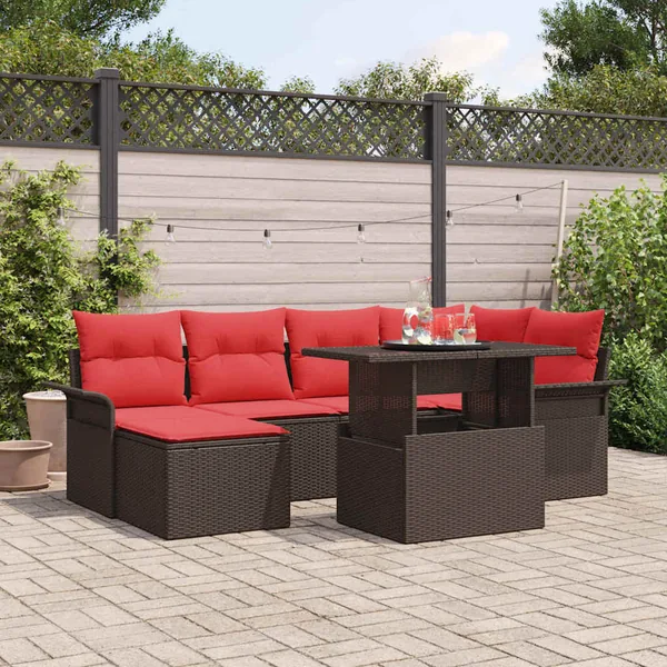 Ensemble de canapé de jardin 7 pcs Marron Poly Rattan
