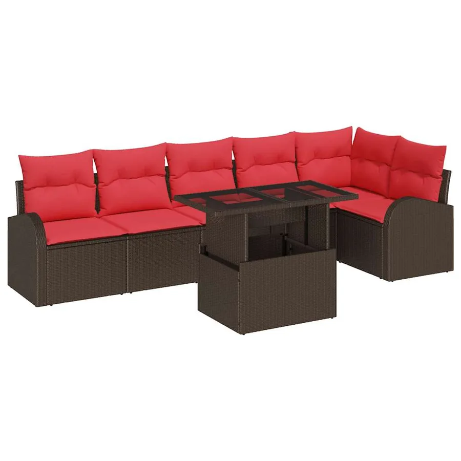 Ensemble de canapé de jardin 7 pcs Marron et rouge polyrotin - 2