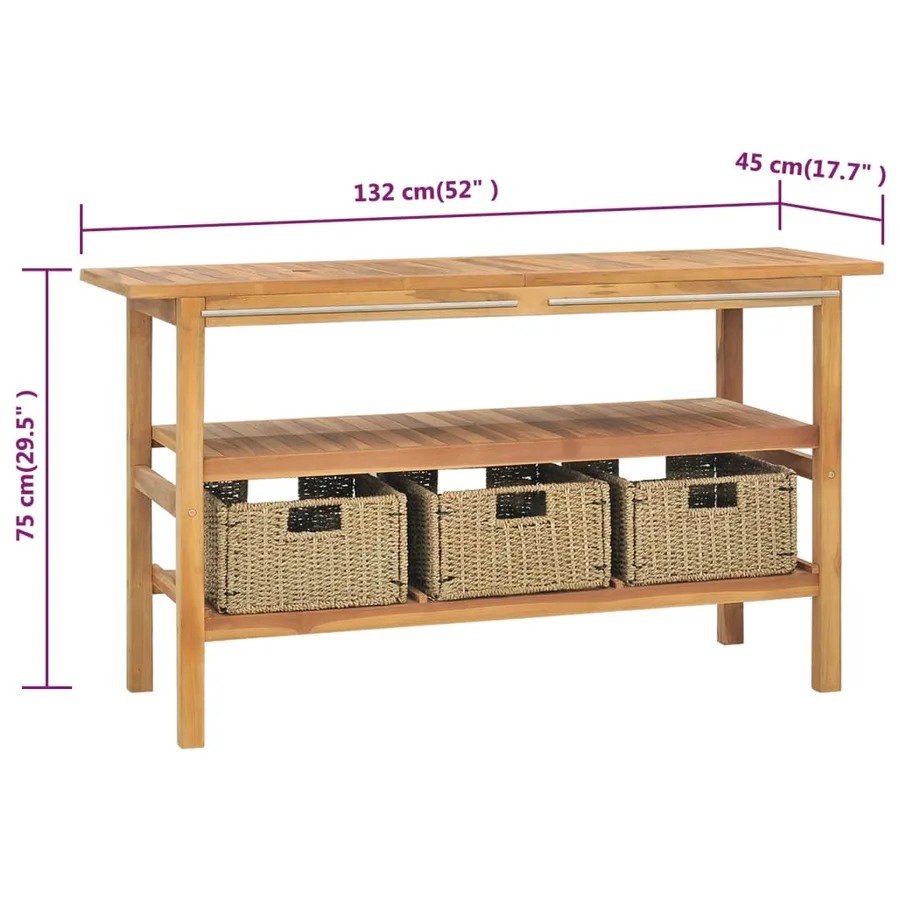 Meuble de salle de bain avec 3 paniers Teck solide 132x45x75 cm - 8