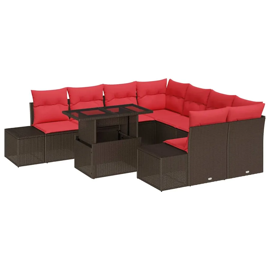 Ensemble de canapé de jardin 9 pcs Marron et rouge polyrotin - 2