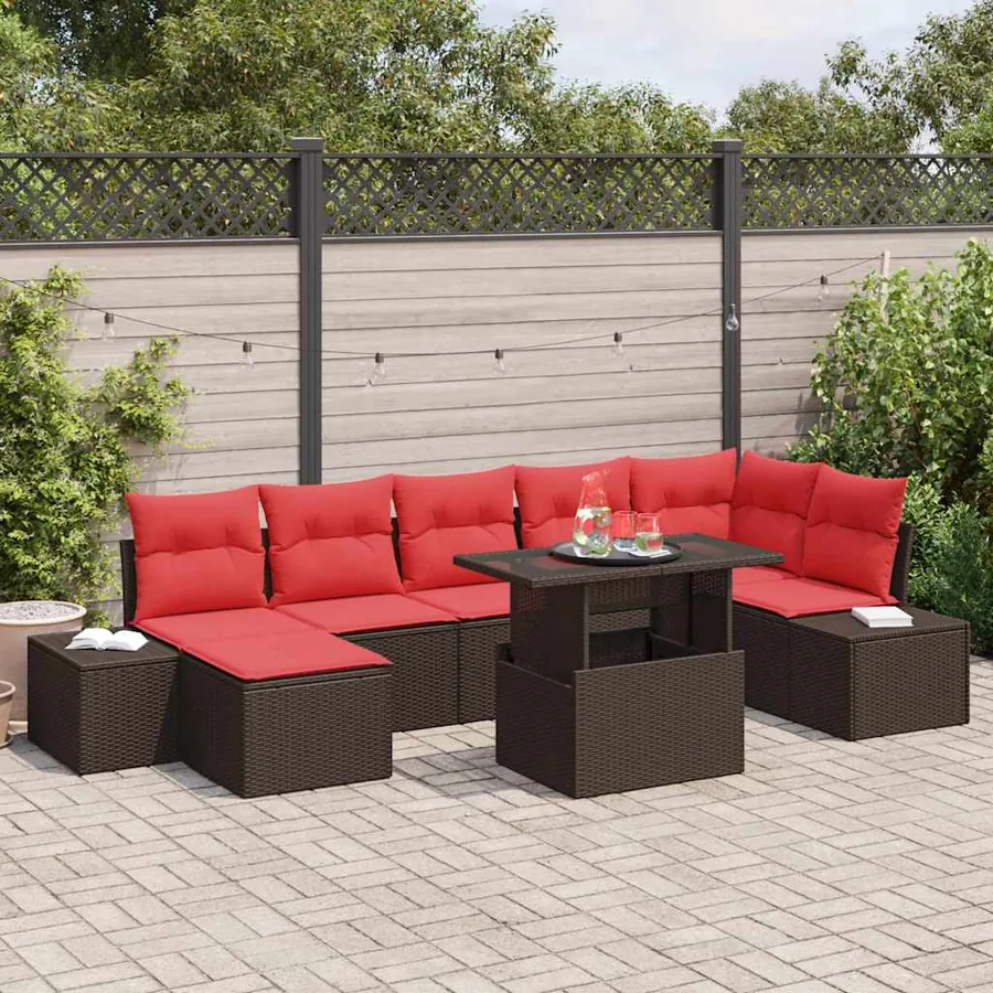 Ensemble de canapé de jardin 8 pcs Marron et rouge polyrotin