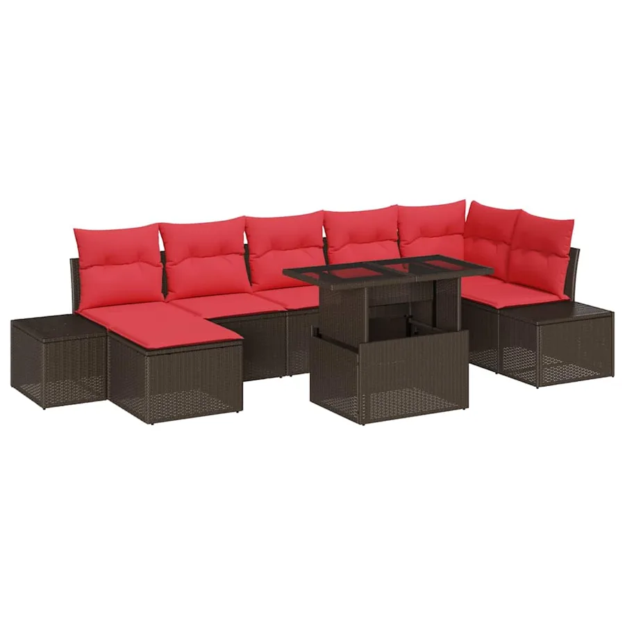 Ensemble de canapé de jardin 8 pcs Marron et rouge polyrotin - 2