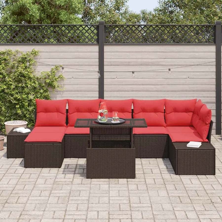 Ensemble de canapé de jardin 8 pcs Marron et rouge polyrotin - 3
