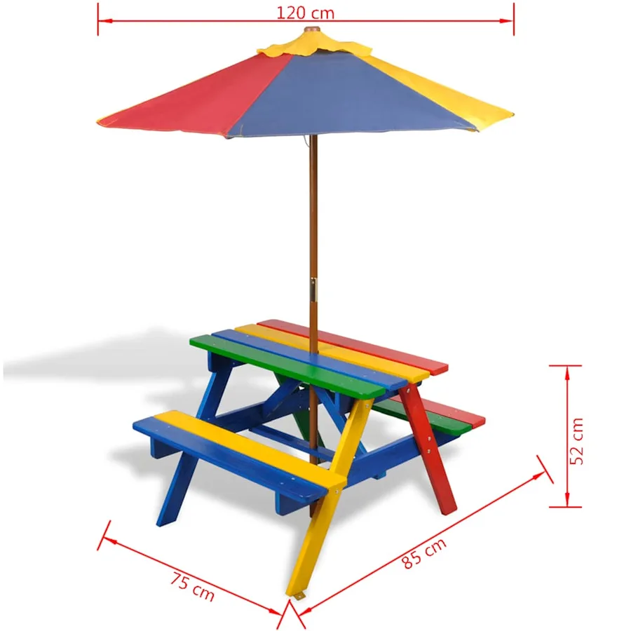 Table et bancs de pique-nique avec parasol pour enfants Bois - 7