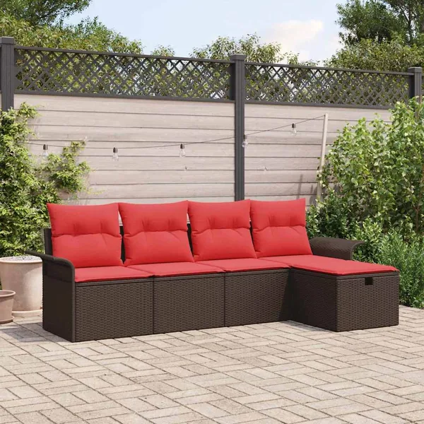 Ensemble de canapé de jardin 5 pcs Marron et rouge polyrotin