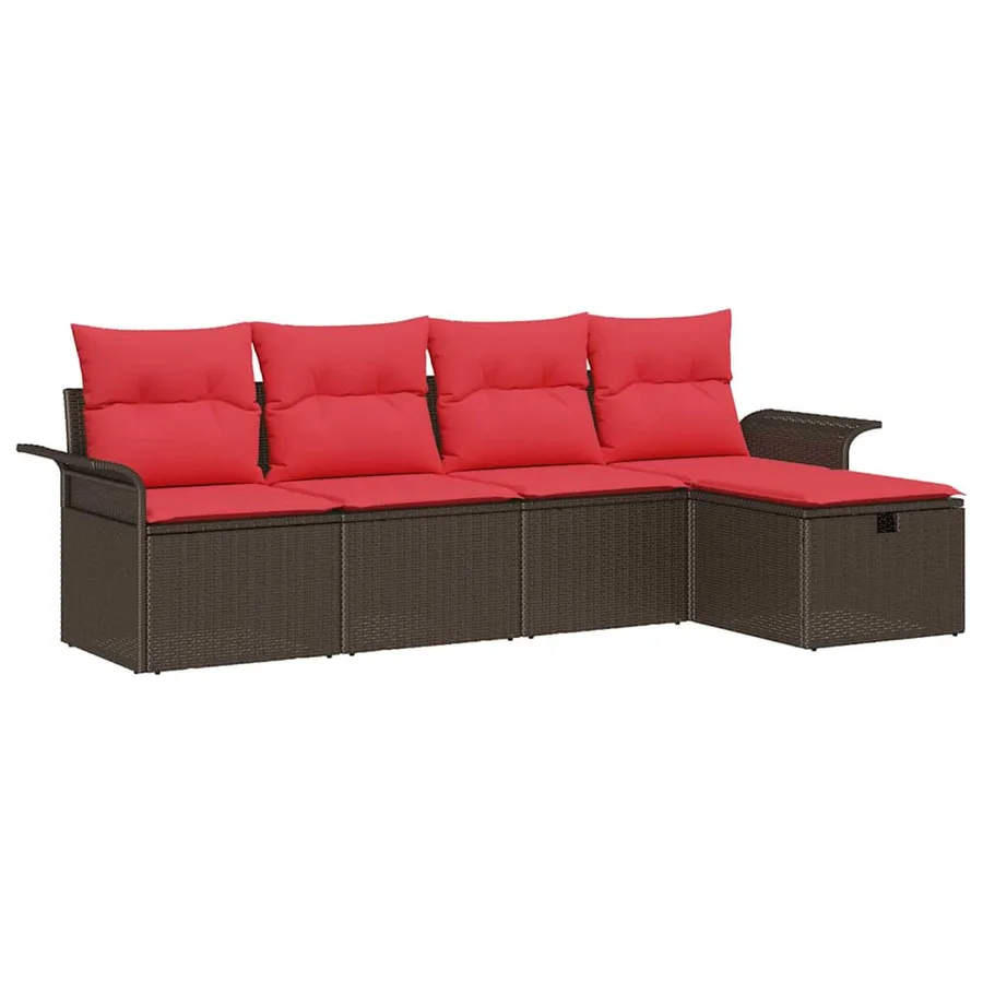Ensemble de canapé de jardin 5 pcs Marron et rouge polyrotin - 2
