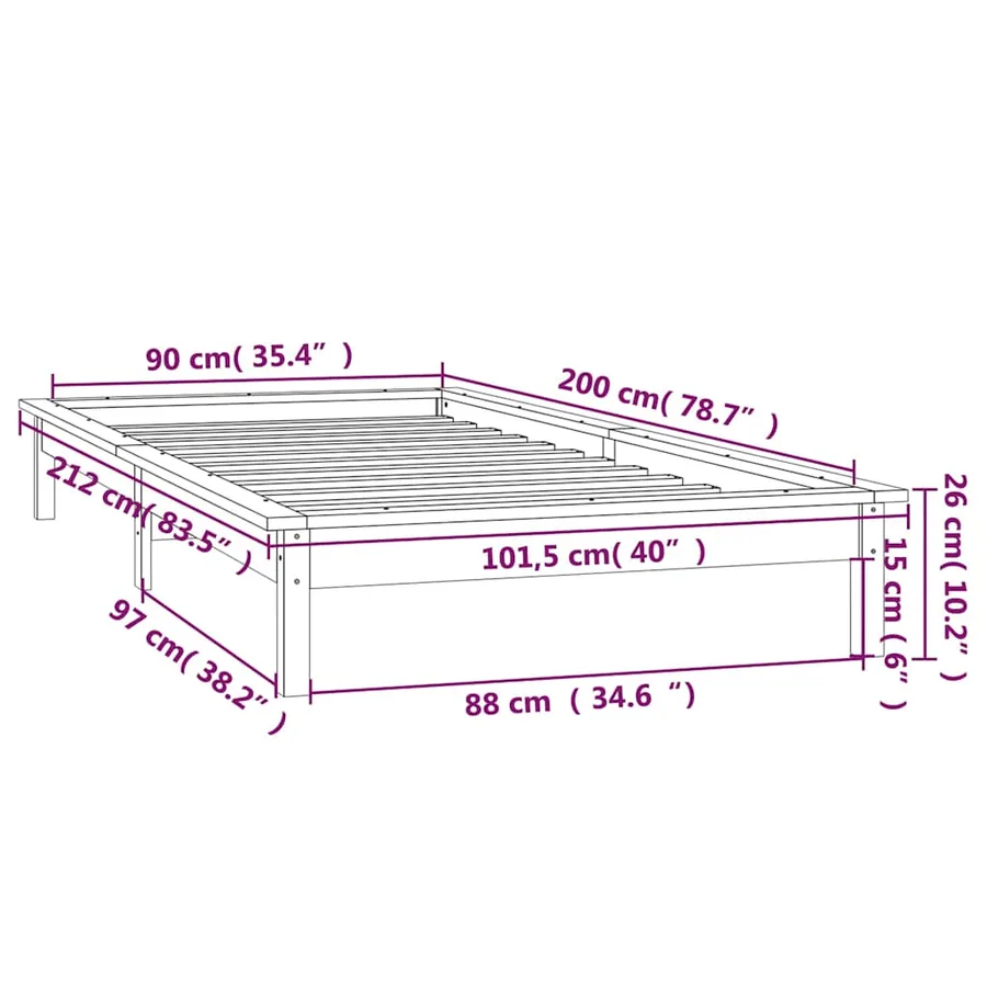Cadre de lit à LED sans matelas blanc 90x200 cm bois massif - 12