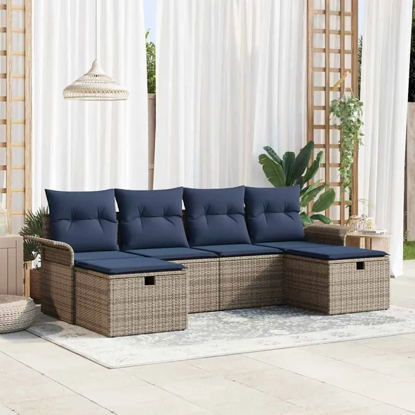 Ensemble de canapé de jardin 6 pcs Gris et marine polyrotin