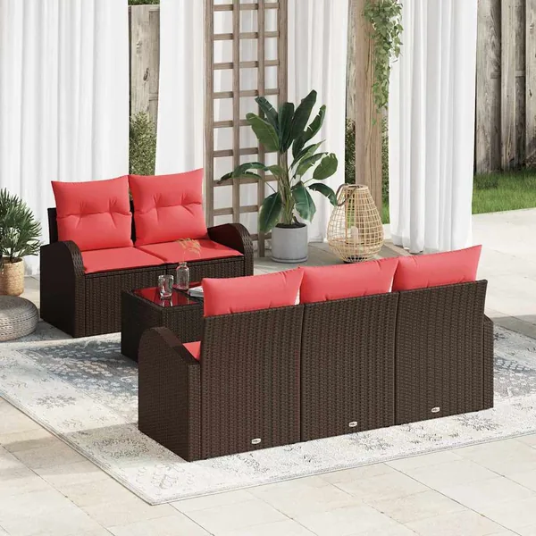 Ensemble de canapé de jardin 6 pcs Beige et Rouge polyrotin