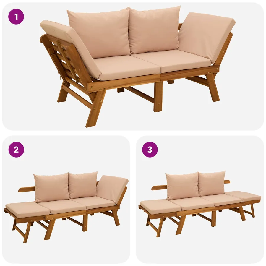 Banc de jardin 3 en 1 avec coussins Bois d'Acacia Massif - 11