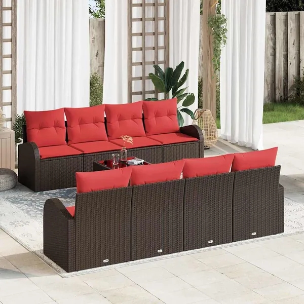 Ensemble de Canapés avec coussin 9 pcs Beige et Rouge polyrotin