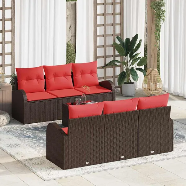 Ensemble de canapé de jardin 7 pcs Beige et Rouge polyrotin