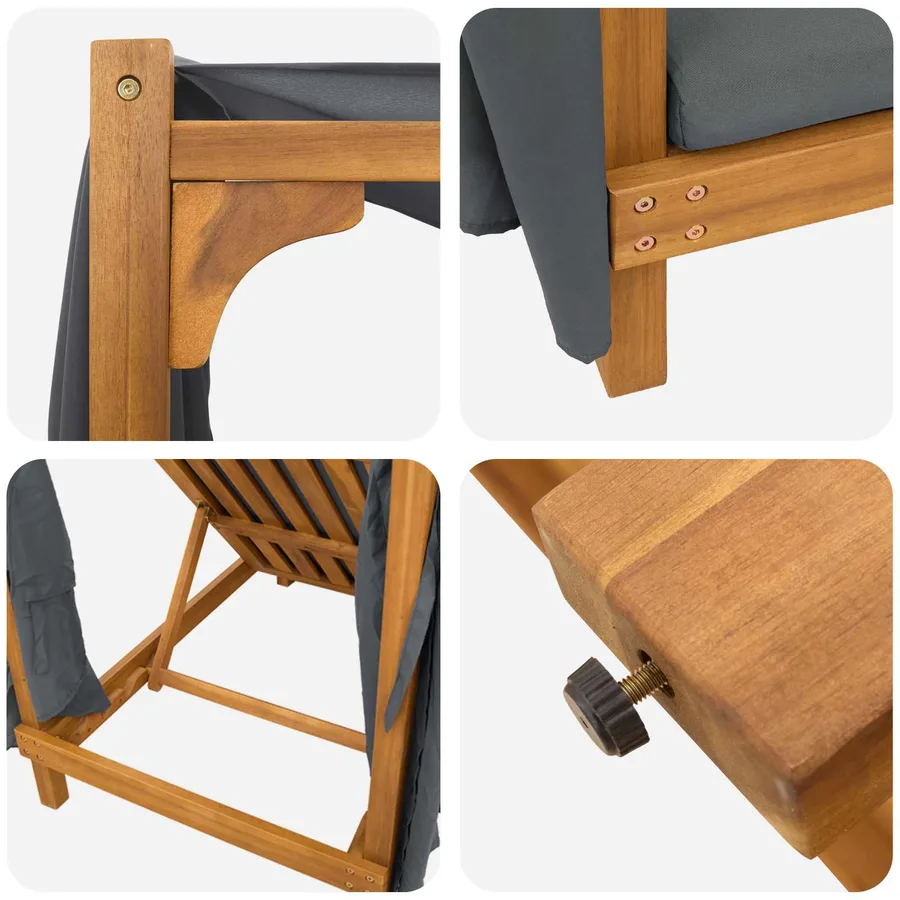 Transat simple avec auvent et rideaux Bois d'Acacia Massif - 7