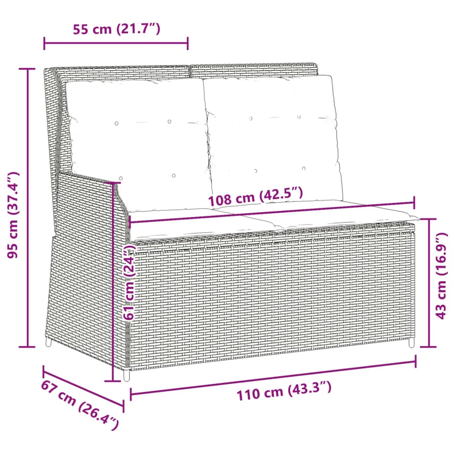 Banc inclinable de jardin avec coussins marron résine tressée - 9
