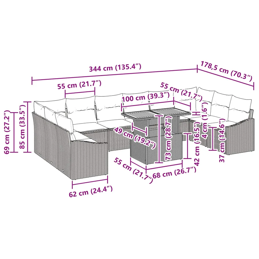 Ensemble de canapé de jardin 11 pc 10-Nombre de places - 11