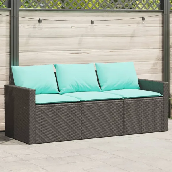 Canapé de jardin avec coussins 3 places noir résine tressée