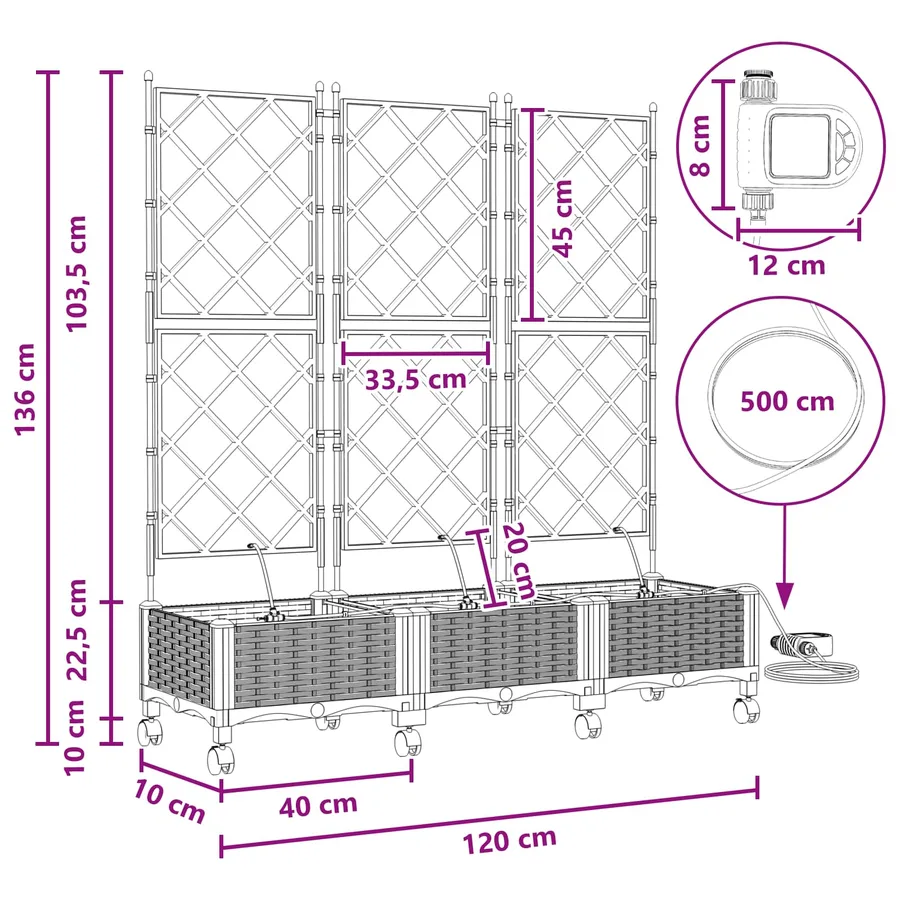 Porte-plante de jardin avec irrigation et roues 3 pc Blanc PP - 8
