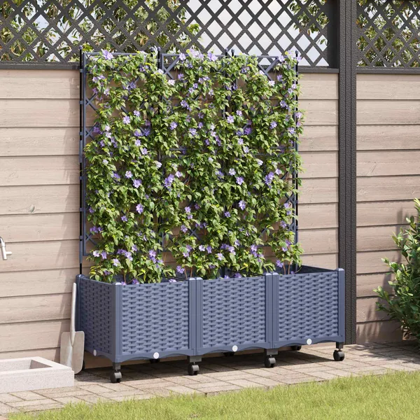 Bac de jardin avec treillis et roues 3 pc Gris PP