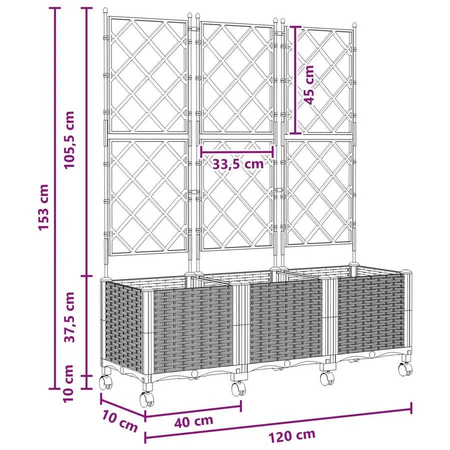 Bac de jardin avec treillis et roues 3 pc Gris PP - 8