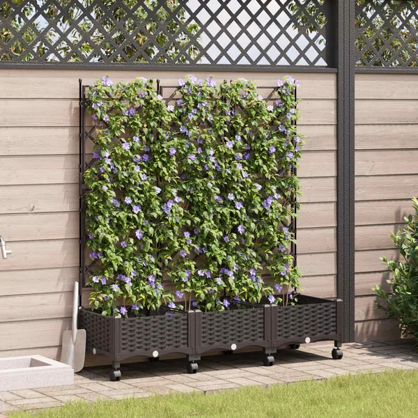 Bac de jardin avec treillis et roues 3 pc Marron PP