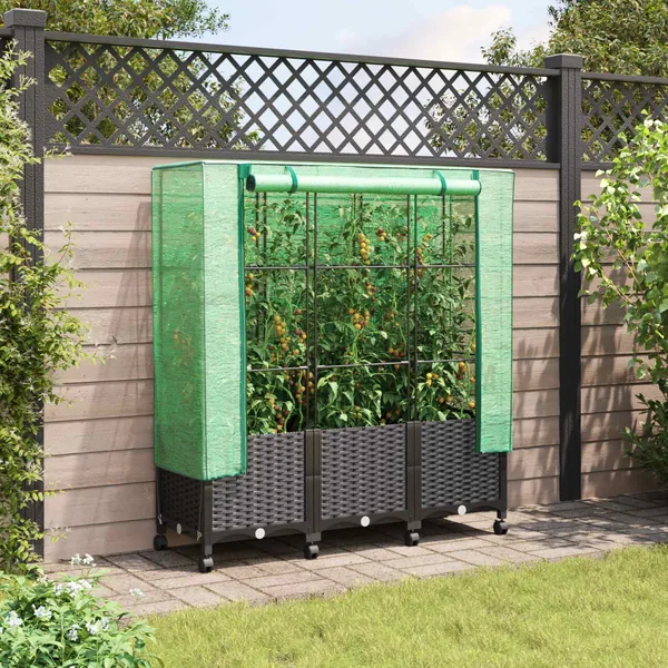 Jardinière de jardin avec couverture de serre et roues 3 pc PP