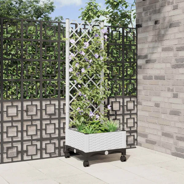 Bac de jardin avec treillis et roues Blanc 40 x 40 x 131,5 cm