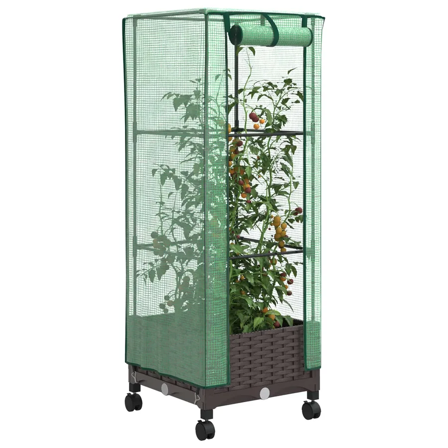 Jardinière de jardin avec couverture de serre et roues Marron - 3