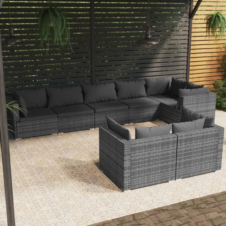 Salon de jardin 8 pcs avec coussins Gris Résine tressée