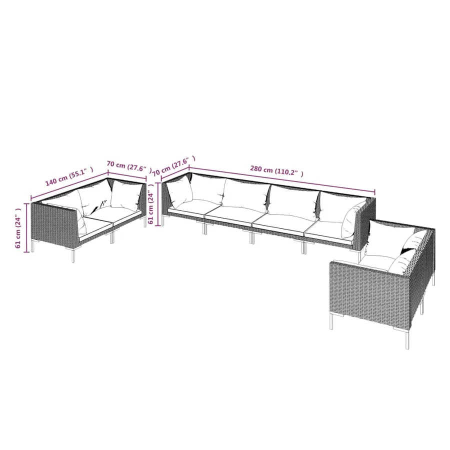Salon de jardin 8 pcs avec coussins Résine tressée Gris foncé - 10