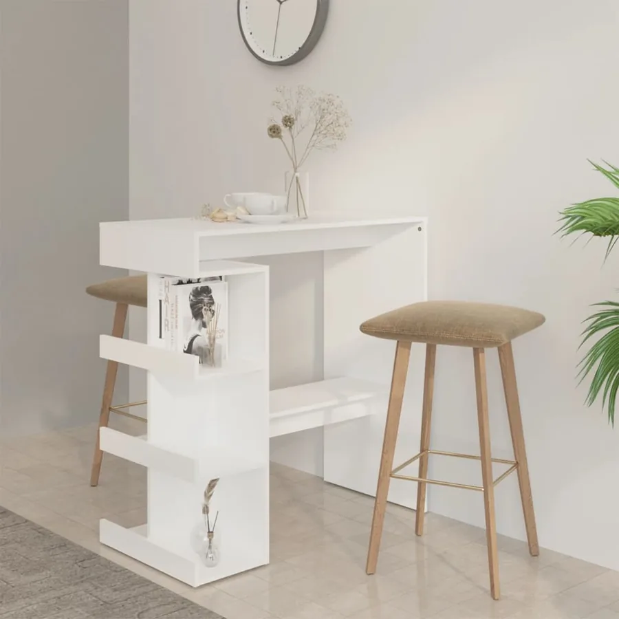 Table de bar avec étagère de rangement Blanc Bois d'ingénierie