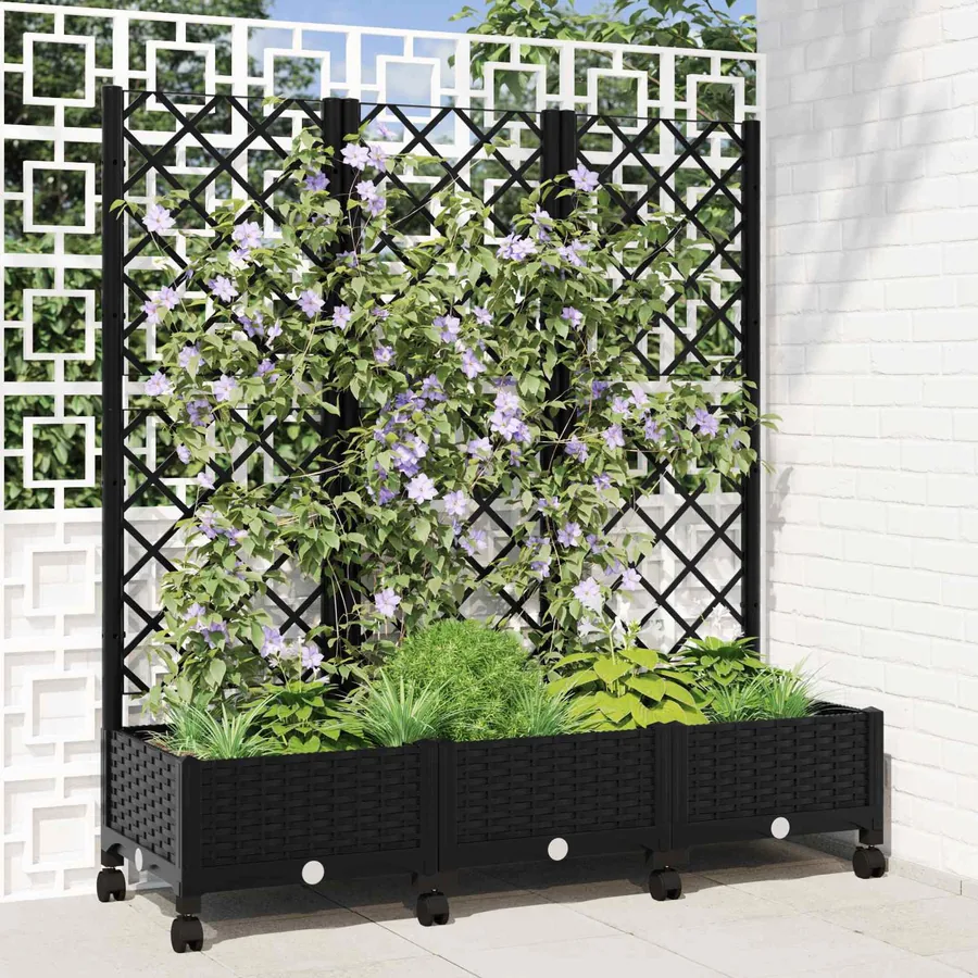 Bac de jardin avec treillis et roues Noir 120 x 40 x 131,5 cm