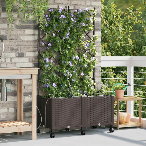 Porte-plante de jardin avec irrigation et roues 2 pc Marron PP