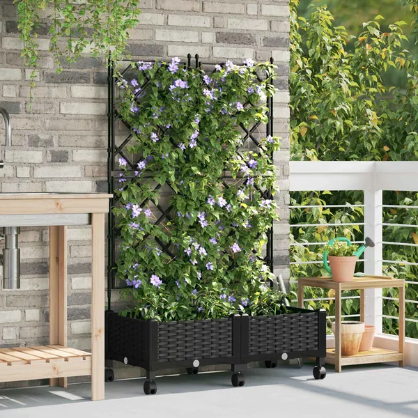 Bac de jardin avec treillis et roues 2 pc Noir PP