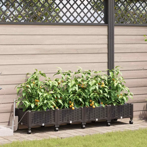 Porte-plante de jardin avec irrigation et roues 4 pc Marron PP