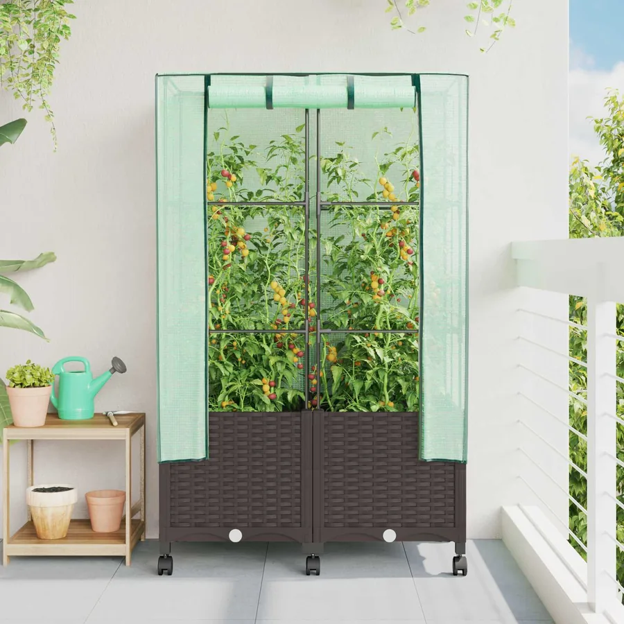 Jardinière de jardin avec couverture de serre et roues 2 pc PP