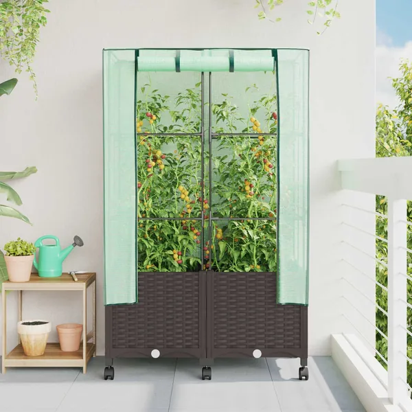 Jardinière de jardin avec couverture de serre et roues 2 pc PP