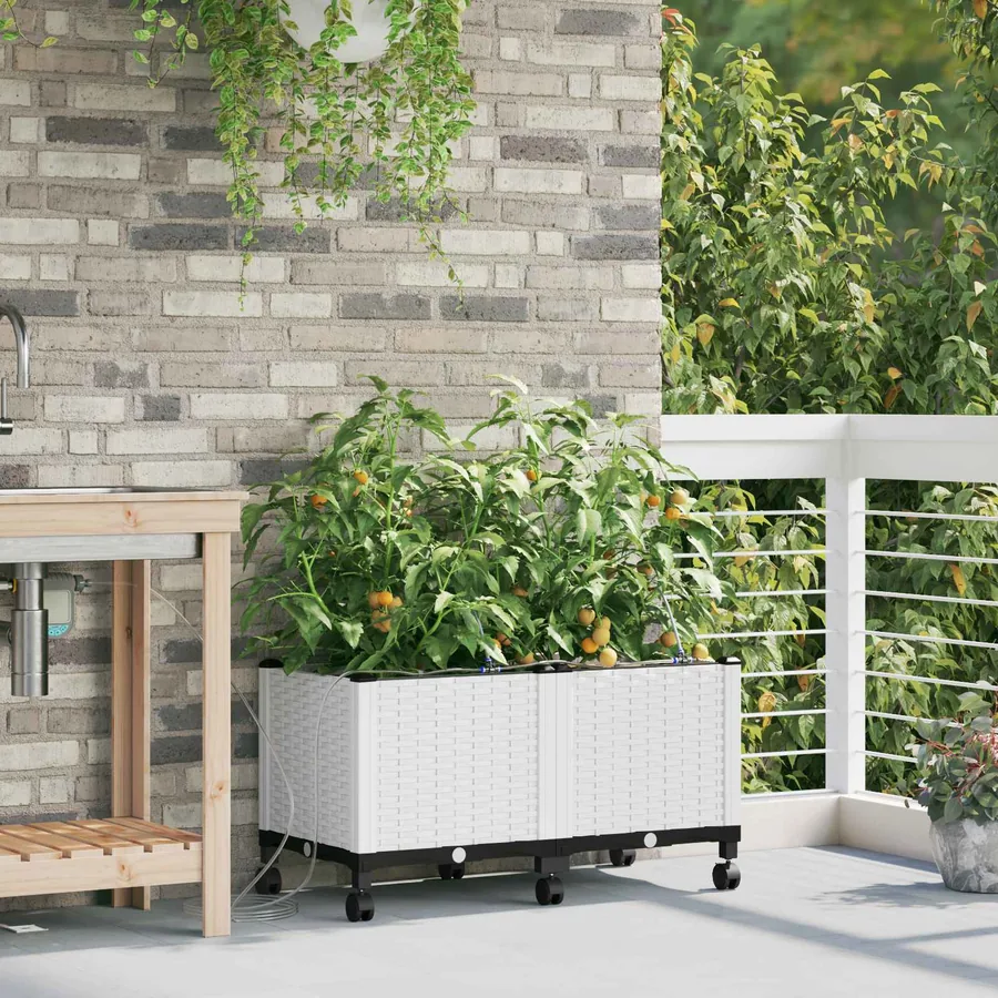 Porte-plante de jardin avec irrigation et roues 2 pc Blanc PP
