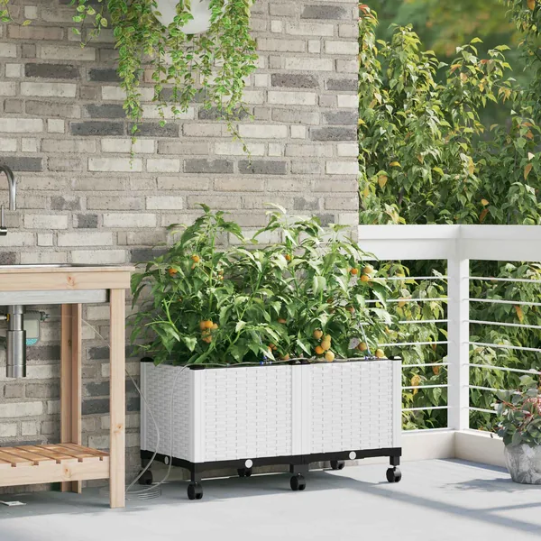 Porte-plante de jardin avec irrigation et roues 2 pc Blanc PP