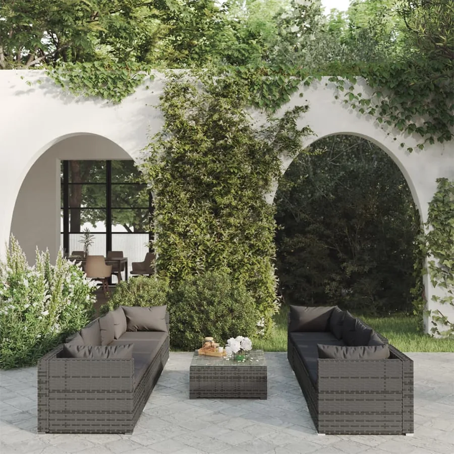 Salon de jardin 9 pcs avec coussins Résine tressée Gris