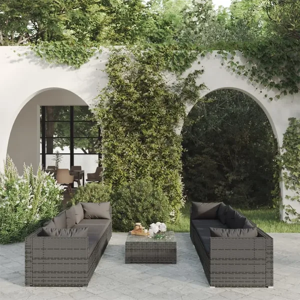 Salon de jardin 9 pcs avec coussins Résine tressée Gris
