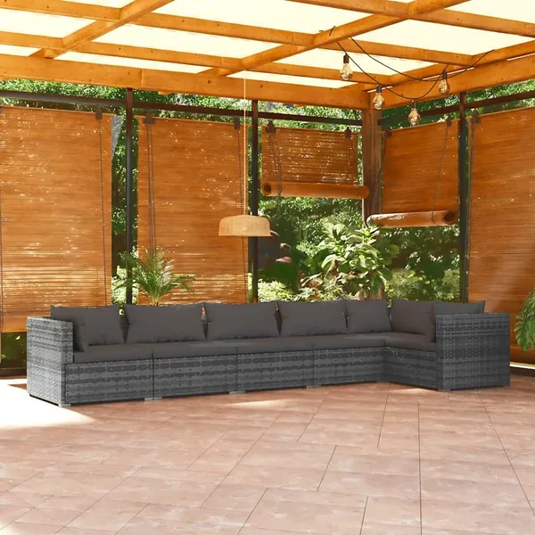 Salon de jardin 6 pcs avec coussins Résine tressée Gris
