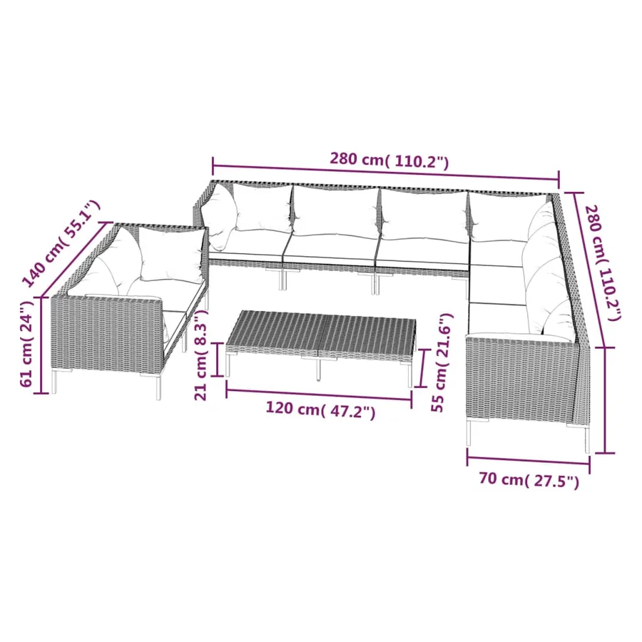 Salon de jardin 10 pcs avec coussins Résine tressée Gris foncé - 9