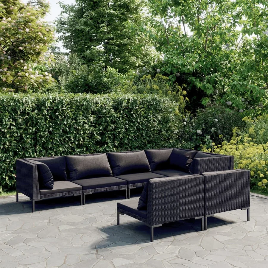 Salon de jardin 7 pcs avec coussins Résine tressée Gris foncé