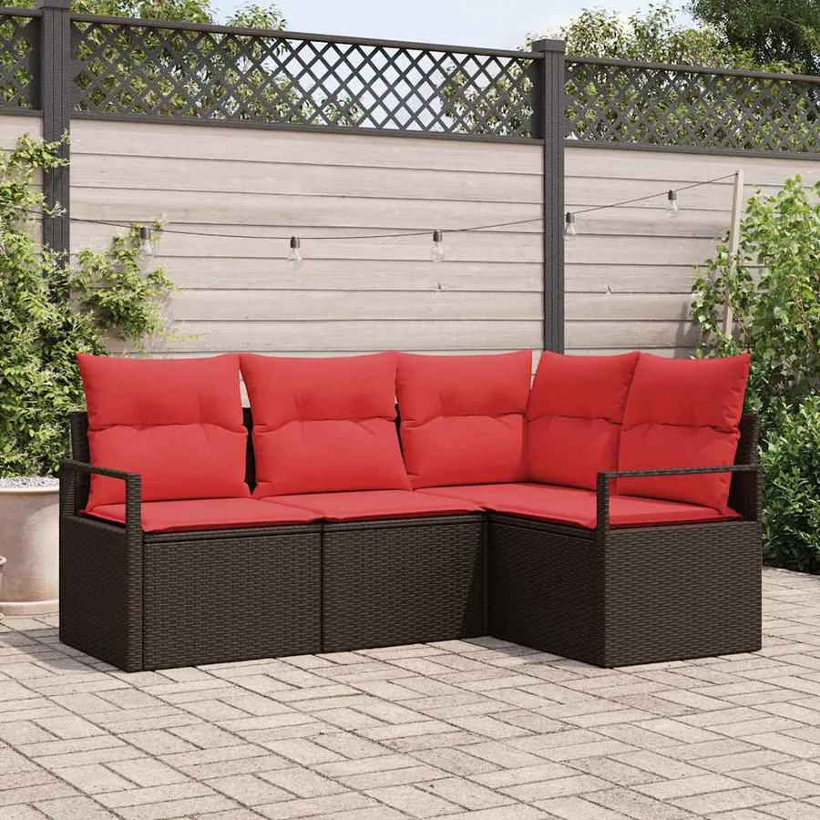 Ensemble de canapé de jardin 4 pcs Marron et rouge polyrotin