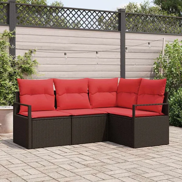 Ensemble de canapé de jardin 4 pcs Marron et rouge polyrotin