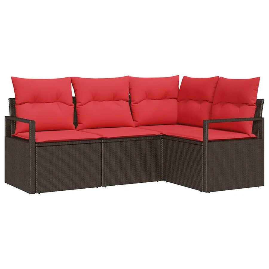 Ensemble de canapé de jardin 4 pcs Marron et rouge polyrotin - 2